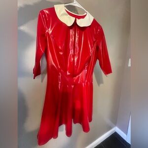 Red Real Rubber Latex Christmas Maid Dress with White Collar and Cuffs